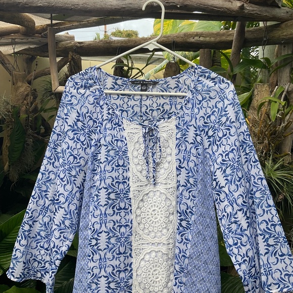 Zac & Rachel Blue & White Boho Peasant Blouse - Size L - Picture 1 of 5